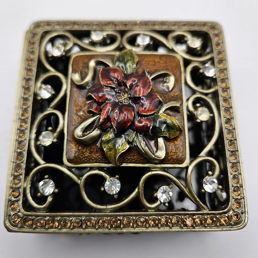 Ornate Square Enamel Floral Filigree Trinket Box with Rhinestone Accents 3